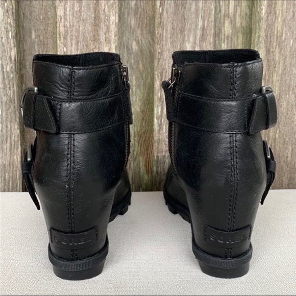 SOREL Joan of Arctic Wedge Moto Buckle Waterproof Leather Ankle Bootie Boots - Picture 3 of 8